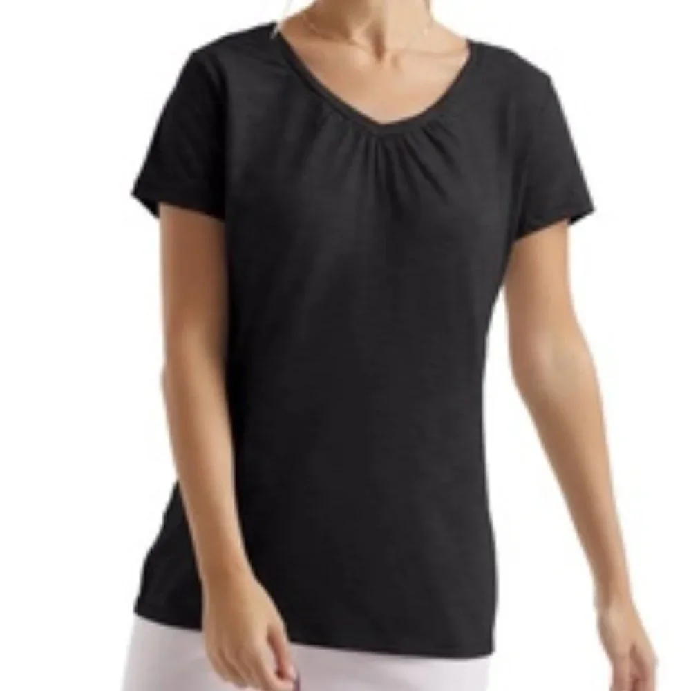 Hanes Live Love Comfort Black Striated V-neck Cap Short-Sleeve Women's Tee Top - Picture 1 of 8